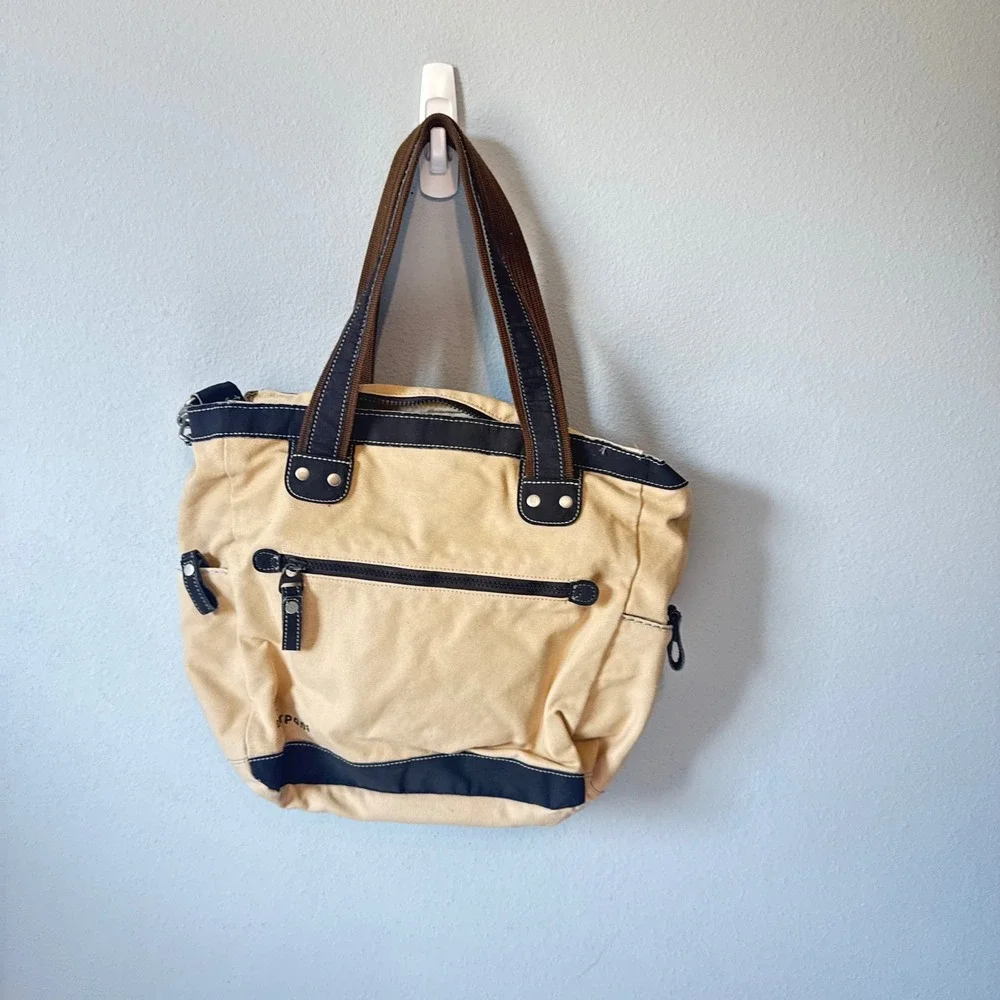 Sherpani vintage Women Tan Brown Canvas Art Panel Multi Pocket Tote Bag Large